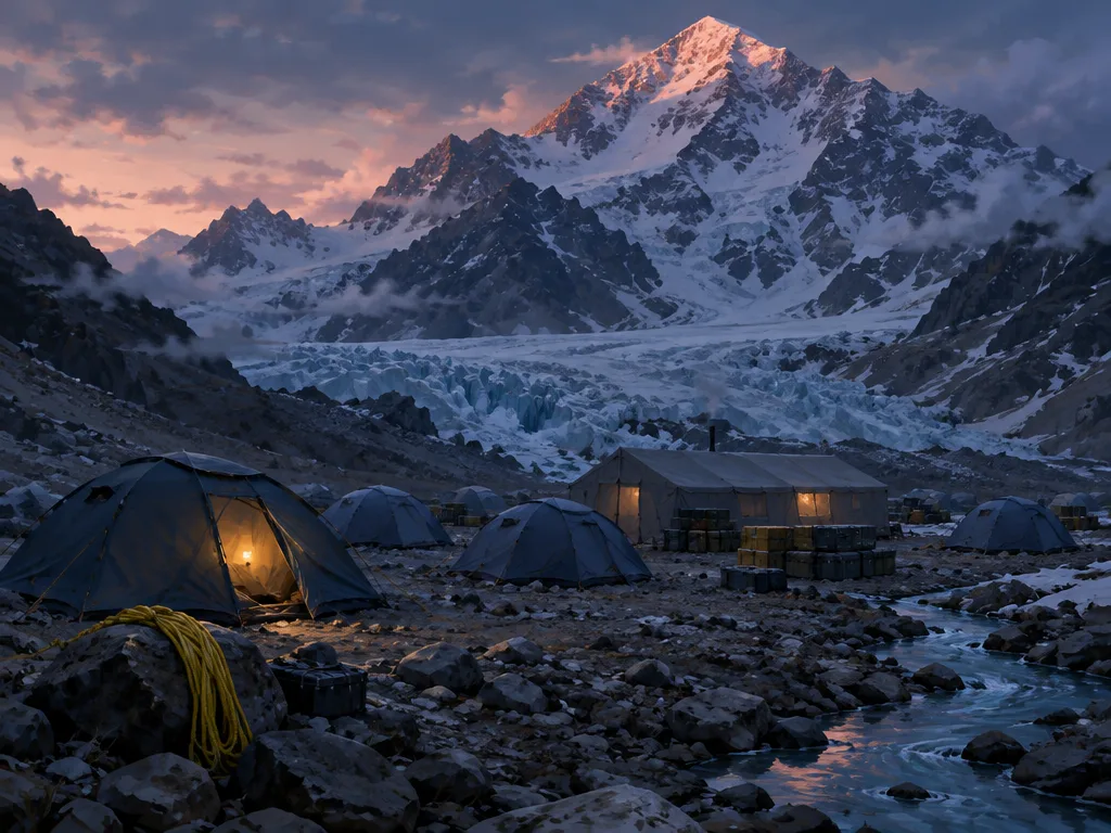 Base Camp Kharvek: tenda di morain berbatu, icefall dan gunung di belakang