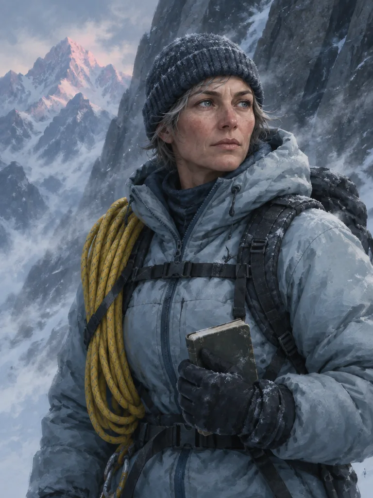 Maren Holt dengan topi rajut dan jaket bulu abu biru, tali kuning tergulung di bahu, buku catatan di tangan