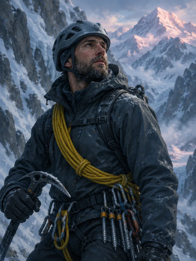 Tobias Reyne berhelm dengan janggut berembun, kapak es di tangan, sekrup es dan carabiner tergantung di harness