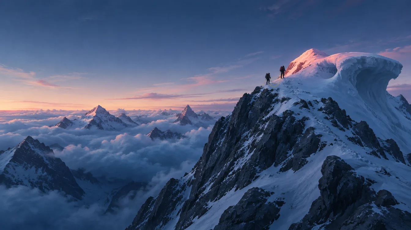 Dua pendaki terikat tali berdiri di bawah puncak Kharvek saat fajar, menjauh dari cornice besar, lautan awan di bawah